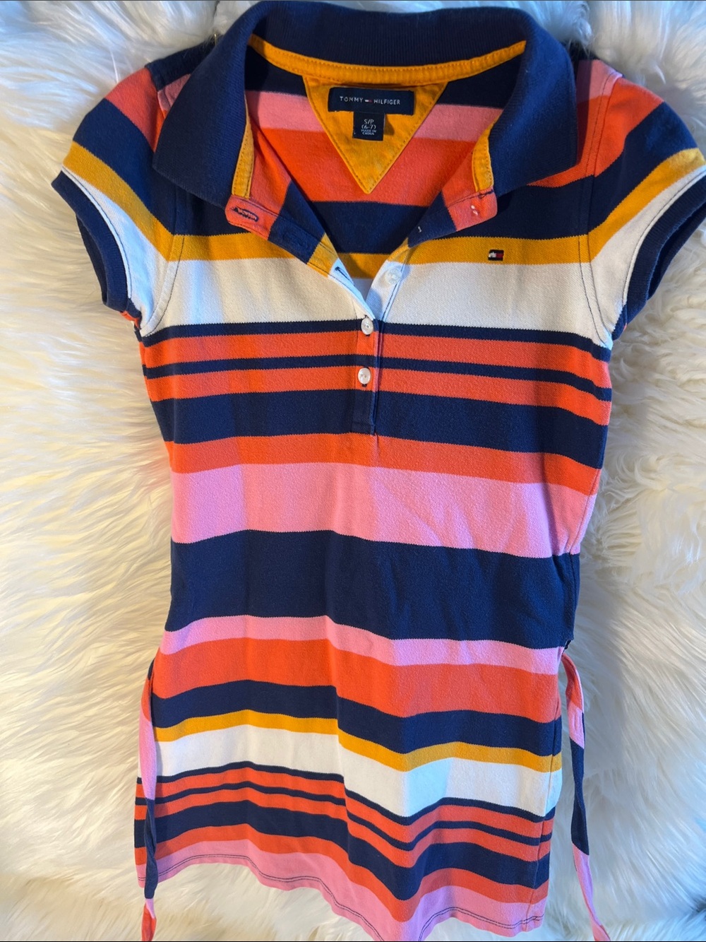 Tommy Hilfiger Girls Striped Polo Dress-Multicolor Navy/Pink/Orange Size S 6/7
